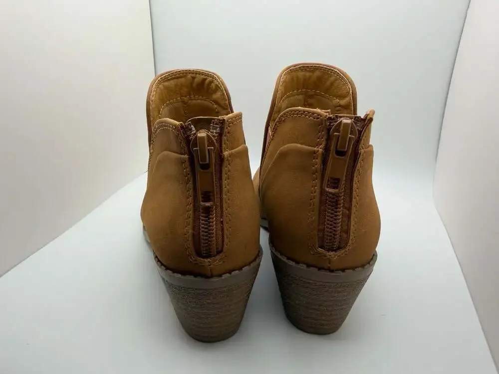 By The Way (btw) Tan Faux Suede Ankle Booties with Side Cutouts and Back Zipper
